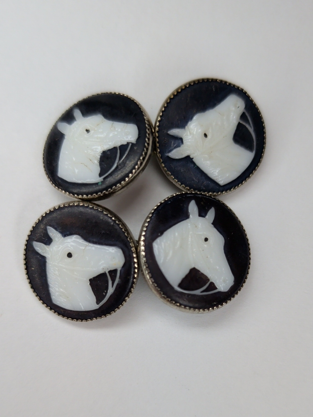 Vintage Hand-carved Horse Head Cuff Link Buttons Cameo Black White MCM